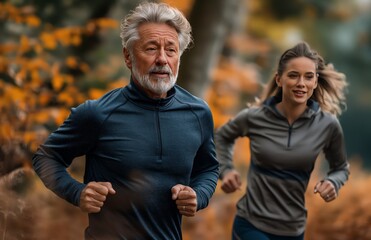Fototapeta premium Stylish senior couple jogging in the park, wearing sportswear and smiling while running together outdoors at sunset. The concept of fitness for elderly people. 8k, real created by ai