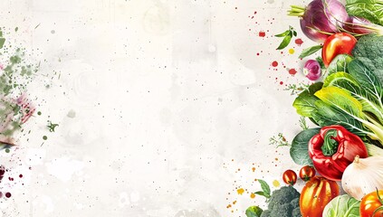 a white background with vegetables and paint splatters
