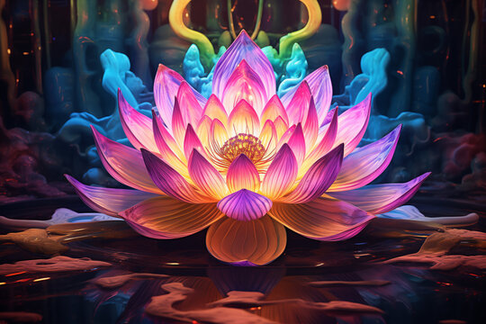 A lotus flower painted by neon lights in the pond