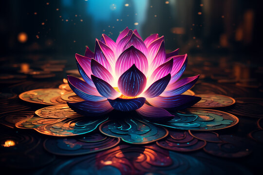 A lotus flower painted by neon lights in the pond