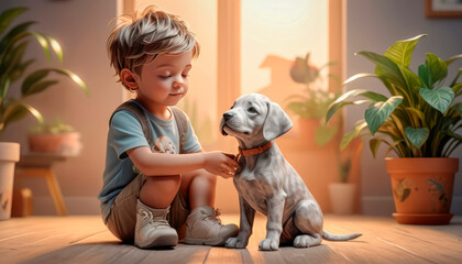 Friendship between man and dog. Cute boy with his puppy friend - obrazy, fototapety, plakaty