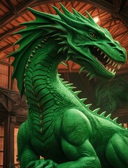 Fototapeta premium The One Green Wooden Dragon in the center of the frame
