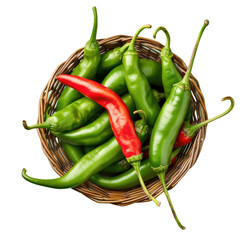 a basket filled with green and red peppers on a transparent background