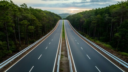 Serene Dual Carriageway Through Lush Forest at Dusk. Concept Forest, Dusk, Serene, Dual Carriageway - obrazy, fototapety, plakaty
