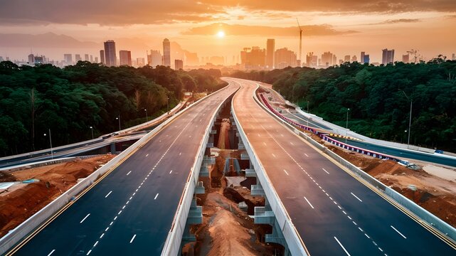 Urban Expansion: Dawn of a New Thoroughfare. Concept City Development, Infrastructure Growth, Urban Planning, Road Construction, Economic Expansion