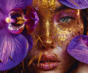 Un rostro velado por vibrantes orquídeas y lágrimas doradas, capturando una belleza de otro mundo que florece en el reino de la fantasía.