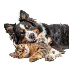 Cat and dog cuddling, pet friendship. 