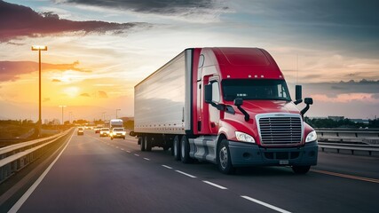 Freight Truck Speeding Toward Sunset on Highway. Concept Transportation, Highway, Sunset, Freight Truck, Speeding