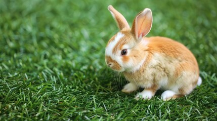 Fototapeta premium Sweet pet rabbit explores the vibrant green grass, showcasing innocence, curiosity, and the beauty of nature, perfect for nature enthusiasts, space for text.