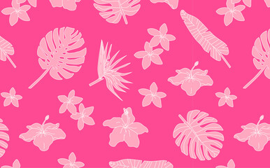 Tropical leaves and flowers pattern on pink background. Exotic plants backdrop. Design for textile, wallpaper, summer fashion. Botanical and jungle concept.