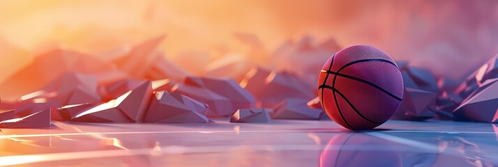 Ethereal Geometric Basketball Wallpaper with Vibrant Gradients and Floating Shapes - obrazy, fototapety, plakaty