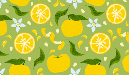 Yuzu fruits, leaves, flowers, seeds and yuzu peel seamless pattern o green background. Juice exotic citrus plant graphics for printing or packaging.