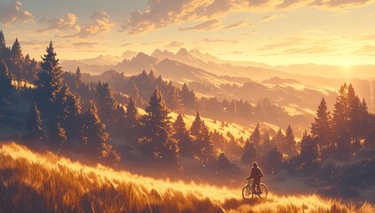 Biking in the mountains of Switzerland, forests and grassy hills with a woman on a mountain bike going down hill - obrazy, fototapety, plakaty