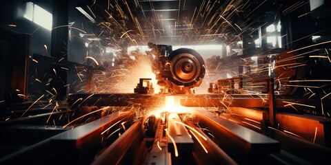 AI Generated. AI Generative. Mechanic factory repair workshop sparks light metal equipment tool industry machine. Graphic Art