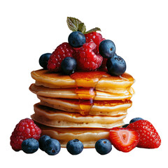 Delicious stack of pancakes topped with syrup, berries on plate on a transparent background