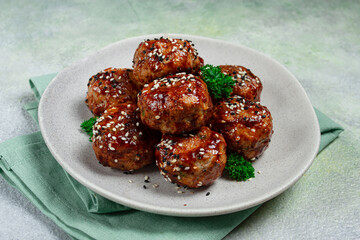 Tsukune, Japanese meatballs, minced chicken, fried on a skewer, with yakitori sauce, homemade, no people,