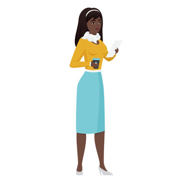 Woman in formal clothes holding cup of coffee and paper document vector illustration