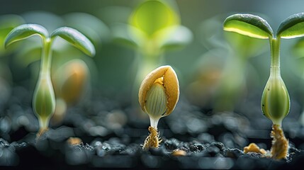 Close up of the process of a seed cracking open during germination, showcasing the beginning of plant life. - obrazy, fototapety, plakaty