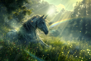 A unicorn lies in the green grass among flowers against a background of forest, sky and rainbow - 780790314