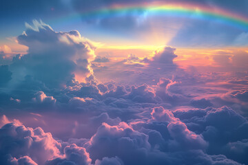 Sky with the clouds pink and blue color with rainbow, view from above - 780790319