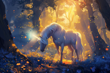 Illustration with vagical Unicorn in the mistical  forest on the sunrise background in the dreamy atmosphere - 780790322
