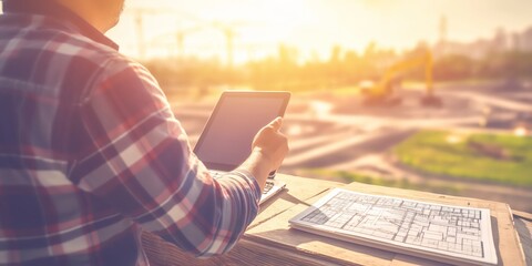 , holding a laptop computer while looking at an excavator working on the ground with golden hour light in the style of Van Gogh,