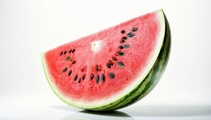 A single slice of juicy watermelon resting on a wooden table