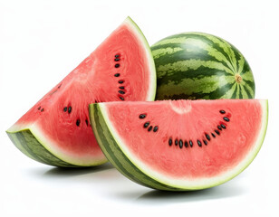 Two whole watermelon slices and one slice cut in half, showcasing the vibrant red interior and green rind