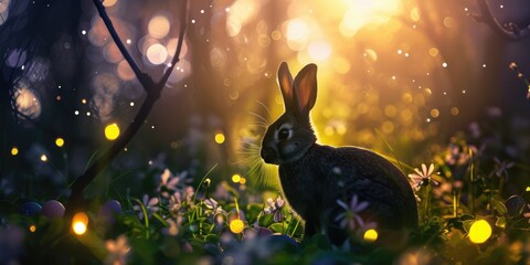 A rabbit is perched in the natural landscape of grass, beside an Easter egg. The scene combines...