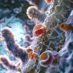 Detailed view of antifungal drug action on a colony of pathogens, highlighting medical breakthroughs. - obrazy, fototapety, plakaty
