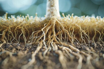 Exploring the intricate relationship between plant roots and mycorrhizal fungi, highlighting their symbiotic connection. - obrazy, fototapety, plakaty