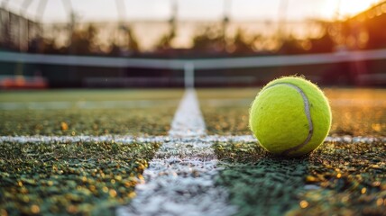 Intense Tennis Match on Lush Green Court at Sunset - obrazy, fototapety, plakaty