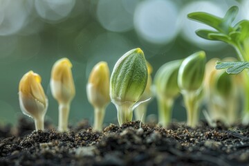 Exploring the intricate stages of seed germination, witnessing the birth of new life through the sprouting process. - obrazy, fototapety, plakaty
