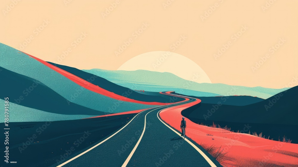 Canvas Prints Minimalist Cycling Wallpaper with Winding Mountain Road and Determined Rider Pedaling Towards Serene Sunset Landscape