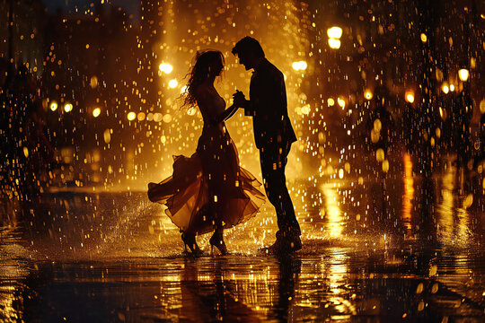 A couple dances in the rain. Romantic scene of two people in love dancingin the city at night. Man and women kissing in the rain. True love and romantic mood concept. Love Story concept.