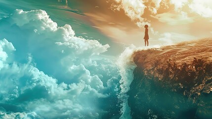 A person stands on the edge of a rocky cliff overlooking a dramatic landscape of swirling clouds...