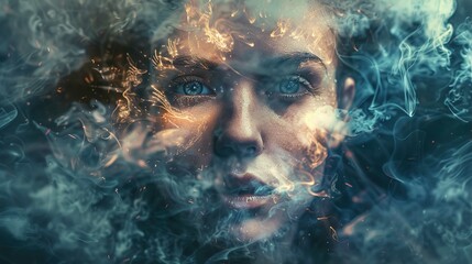 The image features a close-up of a woman's face enveloped in swirls of smoke and what appears to be embers or sparks. The smoke creates a mysterious and ethereal atmosphere, partially obscuring her fe - obrazy, fototapety, plakaty