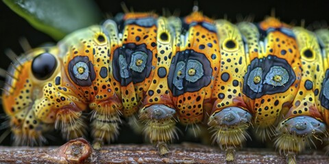 Fototapeta premium Witness the intricate designs and textures on a caterpillar's skin in an extreme close-up, revealing the essence of growth.