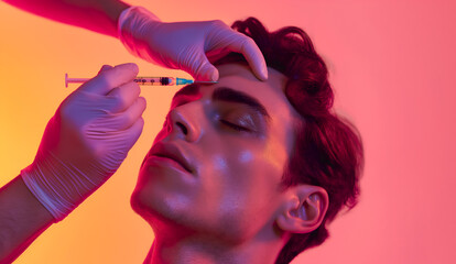 Male model undergoing forehead filler treatment in colorful lighting, colored background. Tranquil man receiving cosmetic injection to keep the youth of skin. Men cosmetology. Calm patient, brow lift