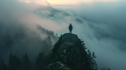 A person stands alone on the edge of a rocky outcrop, surrounded by a misty and ethereal landscape. The indistinct silhouette of coniferous trees emerges from the fog, which blankets the rolling terra