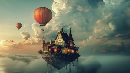 A large, whimsical house with traditional Tudor architectural elements is perched on a floating landmass above the clouds. Warm lights glow from the house's windows, suggesting a sense of habitation a - obrazy, fototapety, plakaty