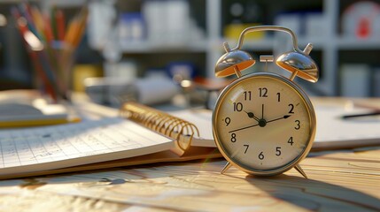 A traditional gold-colored alarm clock with bells on top is featured in the foreground, occupying the right side of the image, indicating a time close to 10:09. The background has a softly focused off