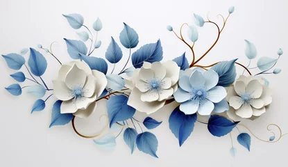 Deurstickers 3d wallpaper with elegant blue flowers, magnolia and leaves, vector illustration design with white background  © Goodhim