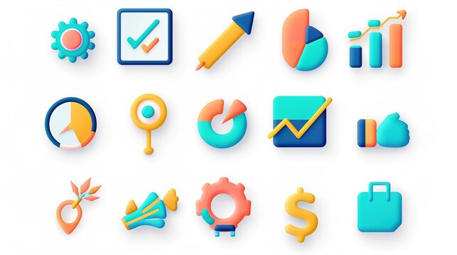 The image showcases a collection of 3D icons with a soft and modern design featuring vibrant colors and subtle shadows. The twelve icons represent various business and productivity concepts. Starting 
