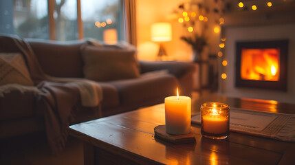 Cozy living room with fireplace and couch with focus on burning aromatherapy candle , romantic, love , blur background - obrazy, fototapety, plakaty
