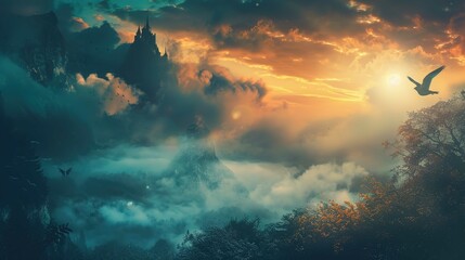 The image features a fantastical landscape during sunset or sunrise with a vibrant array of orange, yellow, and blue hues in the sky. There are dark, dramatic clouds scattered across the sky, creating