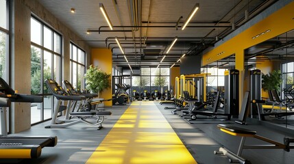 Modern Gym Interior with Fitness Equipment. - obrazy, fototapety, plakaty