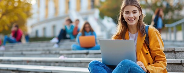 A happy young female student using laptop for the study and sitting on the city stairs.