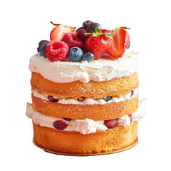 Cake decorated with strawberries, raspberries, blueberries, and whipped cream on a transparent background