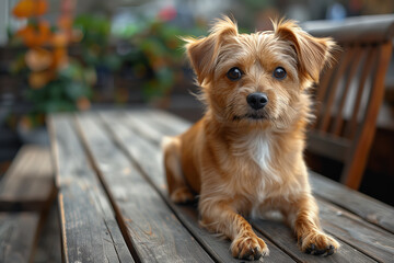 brown dog with drooping ears, sitting on a wooden deck, surrounded by lush greenery